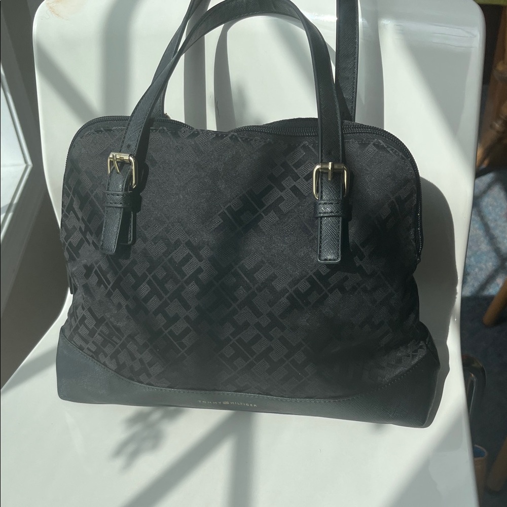 Tommy Hilfiger Black Jacquard Satchel with Gold-Tone Hardware